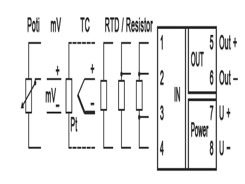 Sơ đồ đấu dây ngõ vào của bộ chuyển đổi nhiệt độ sang 4-20mA DT45000