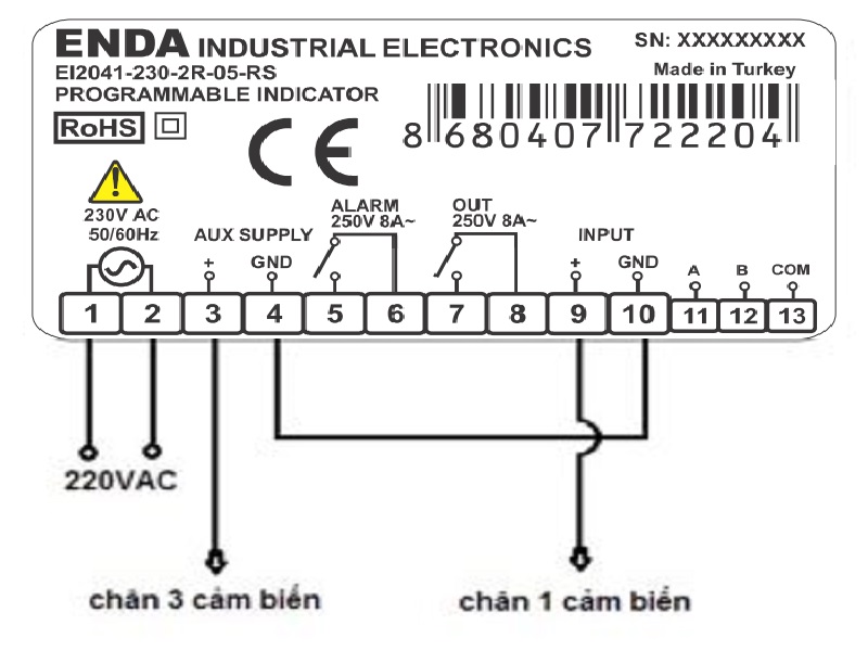Sơ đồ đấu nối cảm biến áp suất với bộ hiển thị ENDA