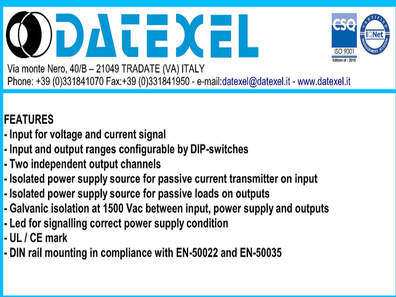 Thông tin sơ bộ của bộ chia tín hiệu 4-20mA Datexel DAT5022