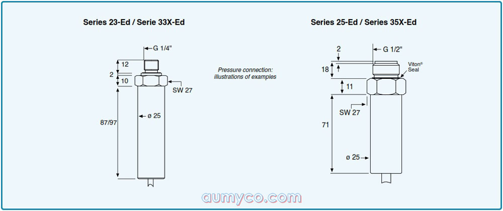 Kích thước các model cảm biến áp suất Keller 23-Ed, 33X-Ed, 25-Ed, 35X-Ed