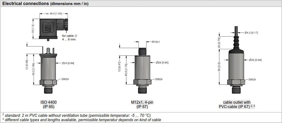 Kích thước và kết nối điện của cảm biến áp suất BD Sensors 18.600G