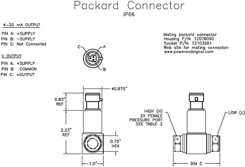 Kích thước và kết nối Packard của cảm biến chênh áp TE Connectivity D5100