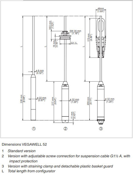 Kích thước cảm biến đo mức thủy tĩnh Vegawell 52